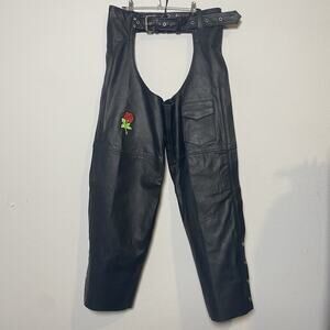 Women's Genuine Leather Black Motorcycle Riding XL Chaps Biker Pocket Rose Rodeo